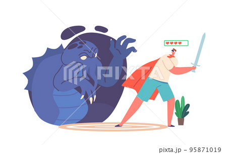 Virtual Reality Games Concept. Male Character Wear Knight Cape With Sword In Hand Fighting With Creepy Cyber Monster 95871019