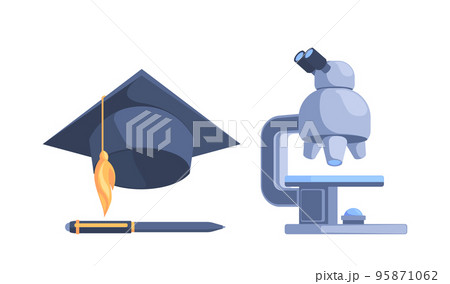 School Items Graduation Hat, Pen and Microscope Isolated on White Background. Educational Tools Vector Illustration 95871062