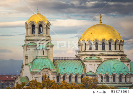 St Alexander Nevski Cathedral in Sofia at dramatic sky, Bulgaria, Eastern Europe 95873662