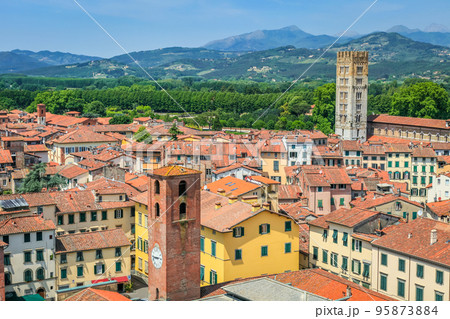 Above medieval old town of Lucca, Tuscany, Italy 95873884