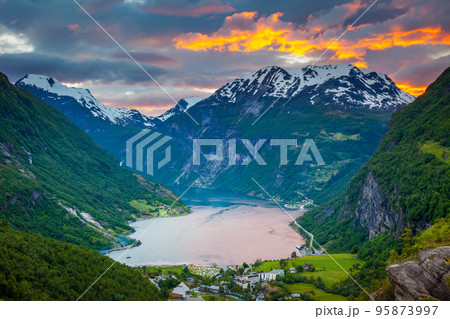 Geirangerfjord and village in More og Romsdal, Norway, Northern Europe 95873997