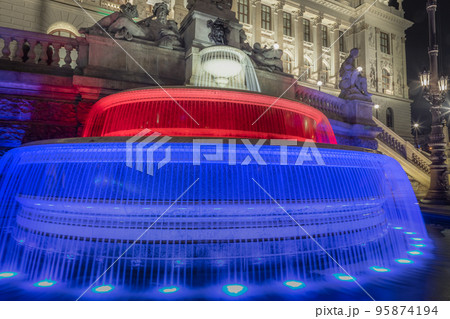 Blurred fountain waters with Czech flag colors in Wenceslas Square, Prague Blurred fountain waters with Czech flag colors in Wenceslas Square, Prague 95874194