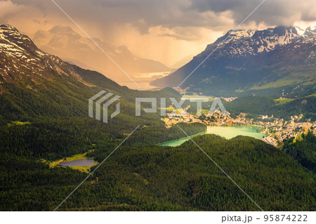 Celerina an Engadine Lakes, St Moritz, Silvaplana and Maloja from Muottas Muragl Celerina an Engadine Lakes, St Moritz, Silvaplana and Maloja from Muottas Muragl 95874222