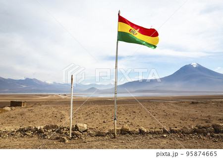 Bolivian flag and Laguna Blanca, white Lagoon, in Altiplano of Bolivia Bolivian flag and Laguna Blanca, white Lagoon, in Altiplano of Bolivia 95874665