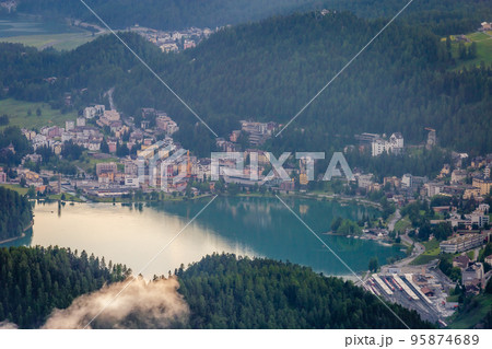 Engadine above Lake of St Moritz cityscape from Muottas Muragl, Switzerland Engadine above Lake of St Moritz cityscape from Muottas Muragl, Switzerland 95874689