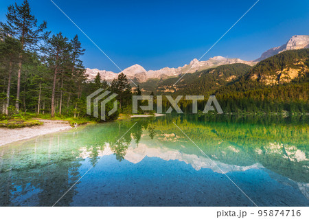 Lake Tovel reflection symmetry in Trentino-Alto Adige, Dolomites, Italy 95874716