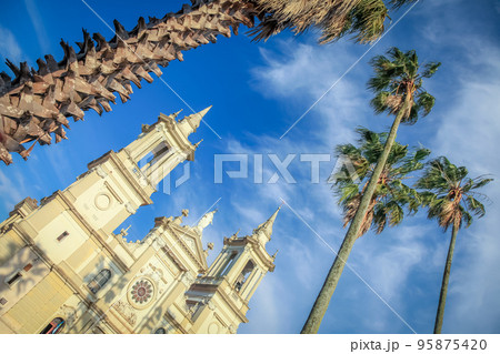 Baroque colonial church framed by palm trees, Brazil, South America 95875420