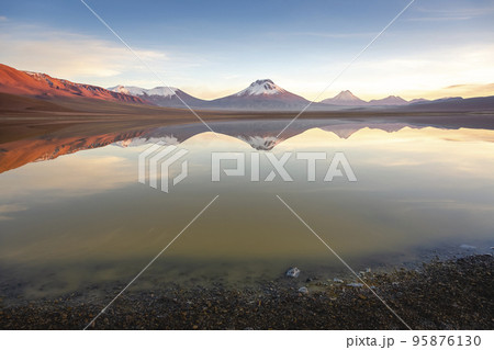 Idyllic Lake Lejia reflection and volcanic landscape in Atacama desert, Chile Idyllic Lake Lejia reflection and volcanic landscape in Atacama desert, Chile 95876130
