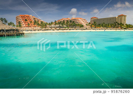 Aruba idyllic caribbean palm beach at sunny day, Dutch Antilles, Caribbean Sea 95876260