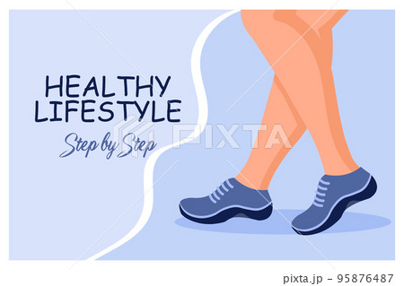 Women's legs in sneakers. The concept of a healthy lifestyle. Step by step. Illustration, banner, poster, vector Women's legs in sneakers. The concept of a healthy lifestyle. Step by step. Illustration, banner, poster, vector 95876487