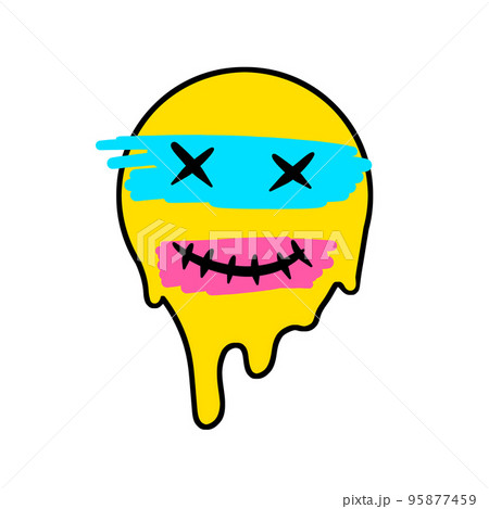 Acid smile face. Melted rave and techno symbol of 90s. Pink brush stroke. 95877459