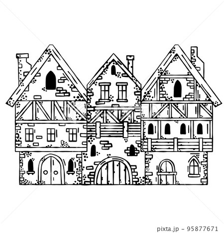 Old medieval castle with gate. European cartoon city. Fairy tale fortress with tower. 95877671