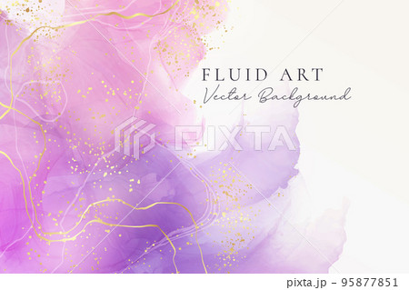 Violet lavender liquid watercolor marble background with golden lines. Pastel purple periwinkle alcohol ink drawing effect. Vector illustration design template for wedding invitation, menu, rsvp 95877851