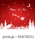 Santa Claus and gifts in sleigh with reindeer pulling the sleigh on rural background. Vector illustration. 95878251