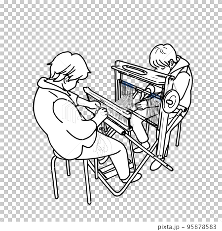 A deaf-blind person and an interpreter guide threading the Saori weave A deaf-blind person and an interpreter guide threading the Saori weave 95878583
