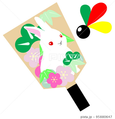 松竹梅にうさぎ柄羽子板と羽根 松竹梅にうさぎ柄羽子板と羽根 95880647