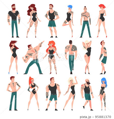 Tattooed or Inked Man and Woman in Standing Pose Vector Set Tattooed or Inked Man and Woman in Standing Pose Vector Set 95881370