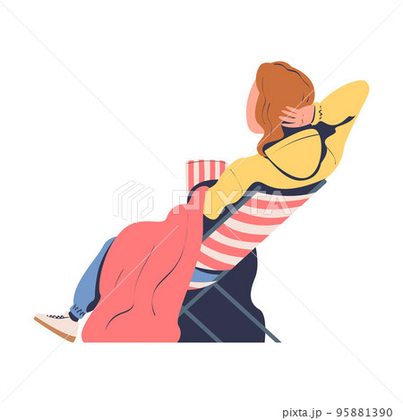 Woman Character Sitting on Chair with Popcorn Watching Movie in Open Air Cinema Vector Illustration 95881390
