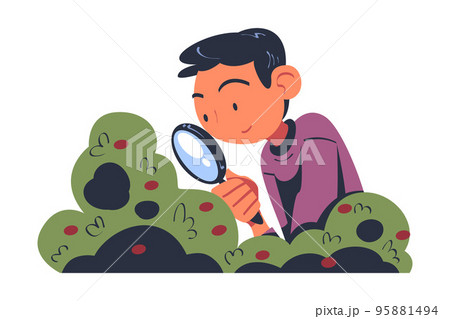 Man Character with Magnifying Glass Studying Nature Exploring Green Bush Vector Illustration Man Character with Magnifying Glass Studying Nature Exploring Green Bush Vector Illustration 95881494