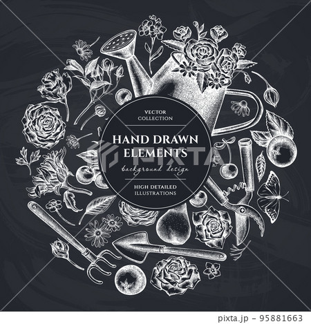 Gardening circle design. Hand drawn watering can, apples, cherry, rose, pears, shovel, rake, secateurs, chamomile, sunflower, forget me not flower, ranunculus, great orange-tip, roses. 95881663
