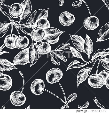 Gardening seamless pattern background design. Engraved style. Hand drawn cherry. 95881669