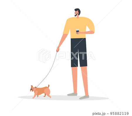 Young man walking with his cute little dog. Happy pet owner. Flat people vector illustration 95882119