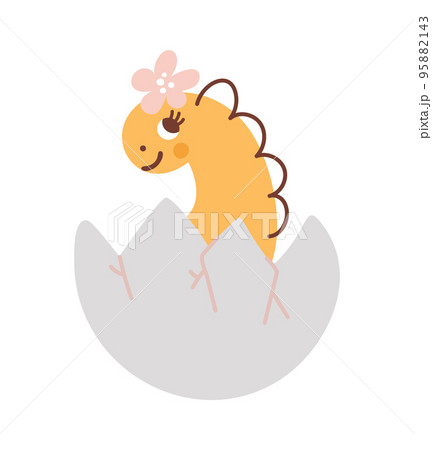 Vector cute dinosaur girl newborn in an egg shell with a flower on her head. Hand drawn princess cute cool dinosaur illustration for kids t-shirt, kids clothes, invitation, simple scandinavian kids 95882143