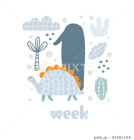 1 week Baby boy anniversary card newborn metrics. Baby shower print with cute animal dino, flowers and palm capturing all special moments. Baby milestone card for newborn 95882144