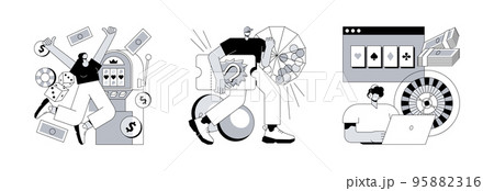 Gambling abstract concept vector illustration set. Slot machine, lottery game ticket, online poker, casino and bingo, jackpot win, internet gambling addiction, big prize TV show abstract metaphor. 95882316