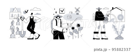 Garden protection abstract concept vector illustration set. Cultivating the soil, weed and pest control, dandelion removal, herbicide and pesticide, grass seed, weed-free lawn abstract metaphor. Garden protection abstract concept vector illustration set. Cultivating the soil, weed and pest control, dandelion removal, herbicide and pesticide, grass seed, weed-free lawn abstract metaphor. 95882337