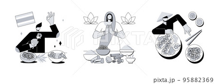 Oriental cuisine abstract concept vector illustration set. Thai, Indian and Vietnamese cuisine, spicy taste, asian recipe, homemade curry, vegetarian menu, spring roll, noodle abstract metaphor. Oriental cuisine abstract concept vector illustration set. Thai, Indian and Vietnamese cuisine, spicy taste, asian recipe, homemade curry, vegetarian menu, spring roll, noodle abstract metaphor. 95882369