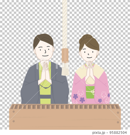 Men and women in kimonos visiting a shrine 95882504