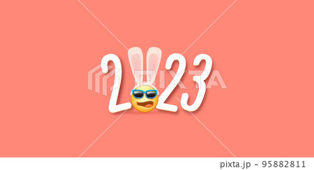 2023 Happy new year horizontal banner with funny smile face with rabbit ears and sunglasses isolated on pink background. 2023 new year banner, poster, flyer, cover with funny cute rabbit 95882811