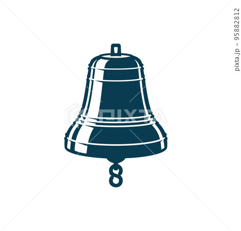 Retro brass ship bell with metal chain isolated monochrome icon. Vector safety equipment in foggy conditions, antique brass or copper, bronze bell. Device, indicating time on vessel, hand drawn 95882812