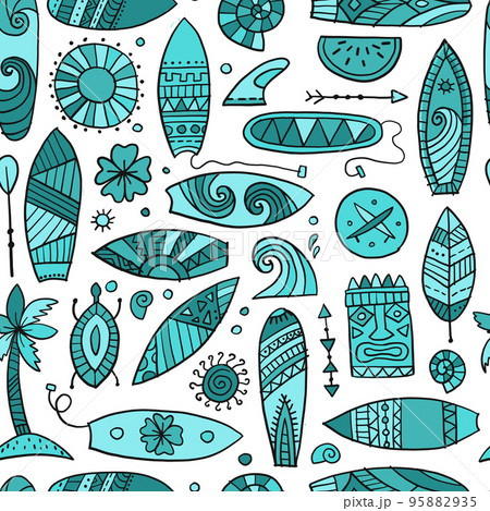 Surf boards collection, surfing time. Hawaii seamless pattern design for fabric, wallpapers etc. Vector illustration Surf boards collection, surfing time. Hawaii seamless pattern design for fabric, wallpapers etc. Vector illustration 95882935