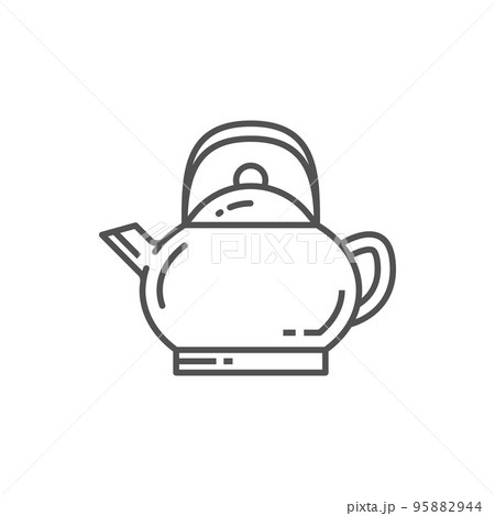 Teapot isolated monochrome line art icon. Vector traditional eastern beverage, pottery and herbal China drink. Chinese Japanese tea ceremony monochrome sign, coffee drink in mug, asian ceylon chai 95882944