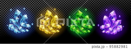 Colorful magic shiny crystals resources set isolated on a transparent background, game design, vector illustration. 95882981