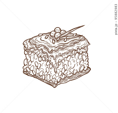 Sushi oshi roll, Japanese food, oshizushi sketch isolated vector. Oshi sushi roll with fish or seafood on rice and ikura caviar on lava sauce, Japanese restaurant food and sushi bar menu icon 95882983