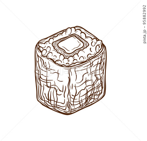Uramaki sushi roll, Japanese food menu sketch, isolated vector. Boston, California or Philadelphia uramaki roll with salmon fish, shrimp seafood or tuna, Japanese cuisine restaurant menu icon Uramaki sushi roll, Japanese food menu sketch, isolated vector. Boston, California or Philadelphia uramaki roll with salmon fish, shrimp seafood or tuna, Japanese cuisine restaurant menu icon 95882992