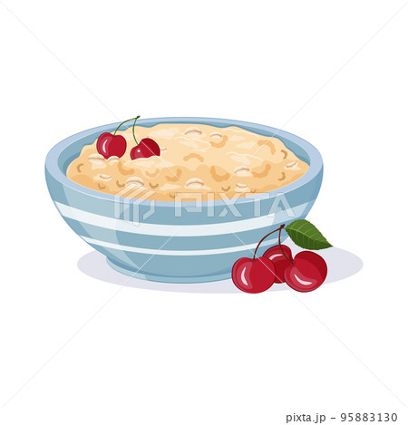 Oatmeal in blue bowl with cherries. Milk cereal breakfast. Vector illustration of healthy diet 95883130
