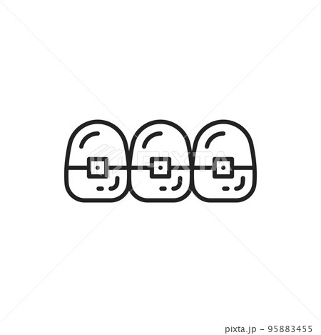 Teeth with braces isolated outline icon. Vector metal, lingual, clear aligners brackets. Aesthetic, orthodontics, dental care concept. Perfect smile, braces on tooth, ceramic clear brackets Teeth with braces isolated outline icon. Vector metal, lingual, clear aligners brackets. Aesthetic, orthodontics, dental care concept. Perfect smile, braces on tooth, ceramic clear brackets 95883455