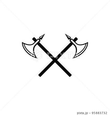 Heraldic crossed poleaxe, royal vector emblem. Isolated pollaxe, gothic heraldry coat of arms symbol 95883732