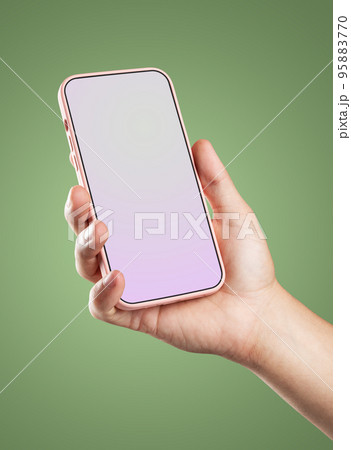 Modern smartphone in pink case with a screen template in the man's hand. 95883770