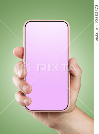 Modern smartphone in pink case with a screen template in the man's hand. Modern smartphone in pink case with a screen template in the man's hand. 95883772