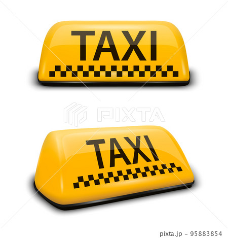 Vector 3d Realistic Taxi Car Roof Sign Icon Set Closeup Isolated on White. Yellow French Taxi Sign, Design Template for Taxi Service, Mockup. Front and Half Turn View 95883854
