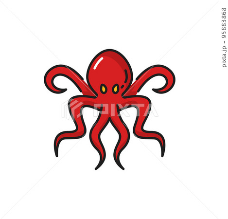 Retro octopus eight-limbed mollusc isolated marine animal symbol of piracy. Vector red soft bodied octopus, seafood emblem. Fishing sport trophy mascot, Octopoda marine animal with tentacles suckers 95883868