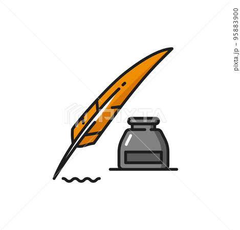 Notary, justice and legal service icon of inkwell and quill feather, vector isolated symbol. Lawyer and legal attorney office or notarial firm emblem with quill and ink bottle for notary service 95883900