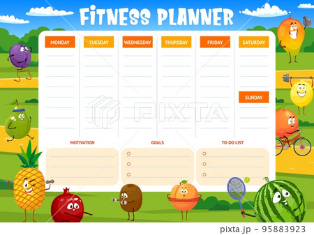 Fitness weekly planner, cartoon fruits sportsmen agenda calendar schedule. Vector template for workout exercises with plum, pear, pineapple and kiwi, pomegranate, watermelon or mango, lemon and orange 95883923