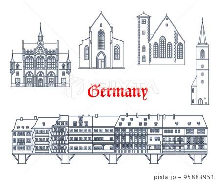 Germany, Erfurt city buildings and Thuringia architecture vector landmarks. German famous buildings of Michaelskirche St Michael church, All Saints Allerheiligenkirche, Kramerbrucke medieval bridge Germany, Erfurt city buildings and Thuringia architecture vector landmarks. German famous buildings of Michaelskirche St Michael church, All Saints Allerheiligenkirche, Kramerbrucke medieval bridge 95883951