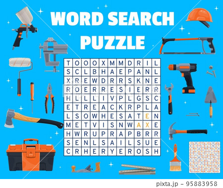 Construction industry and DIY tools, word search puzzle game worksheet, vector quiz. Word search grid to guess toolbox of screwdriver, ruler and worker helmet, pliers with drill and hammer or axe 95883958